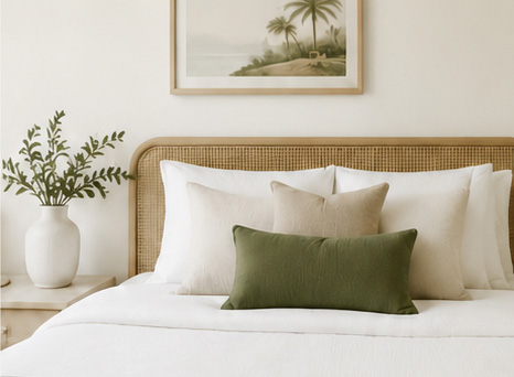Freshly made bed with linen bedding