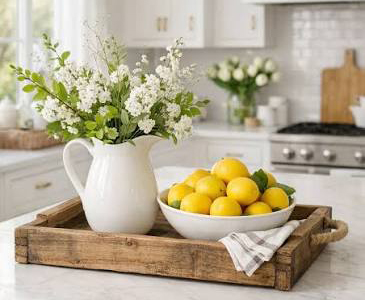 Bright kitchen scene with fresh lemons and flowers